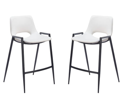 Set of Two 26" White and Black Faux Leather and Steel Low Back Counter Height Bar Chairs