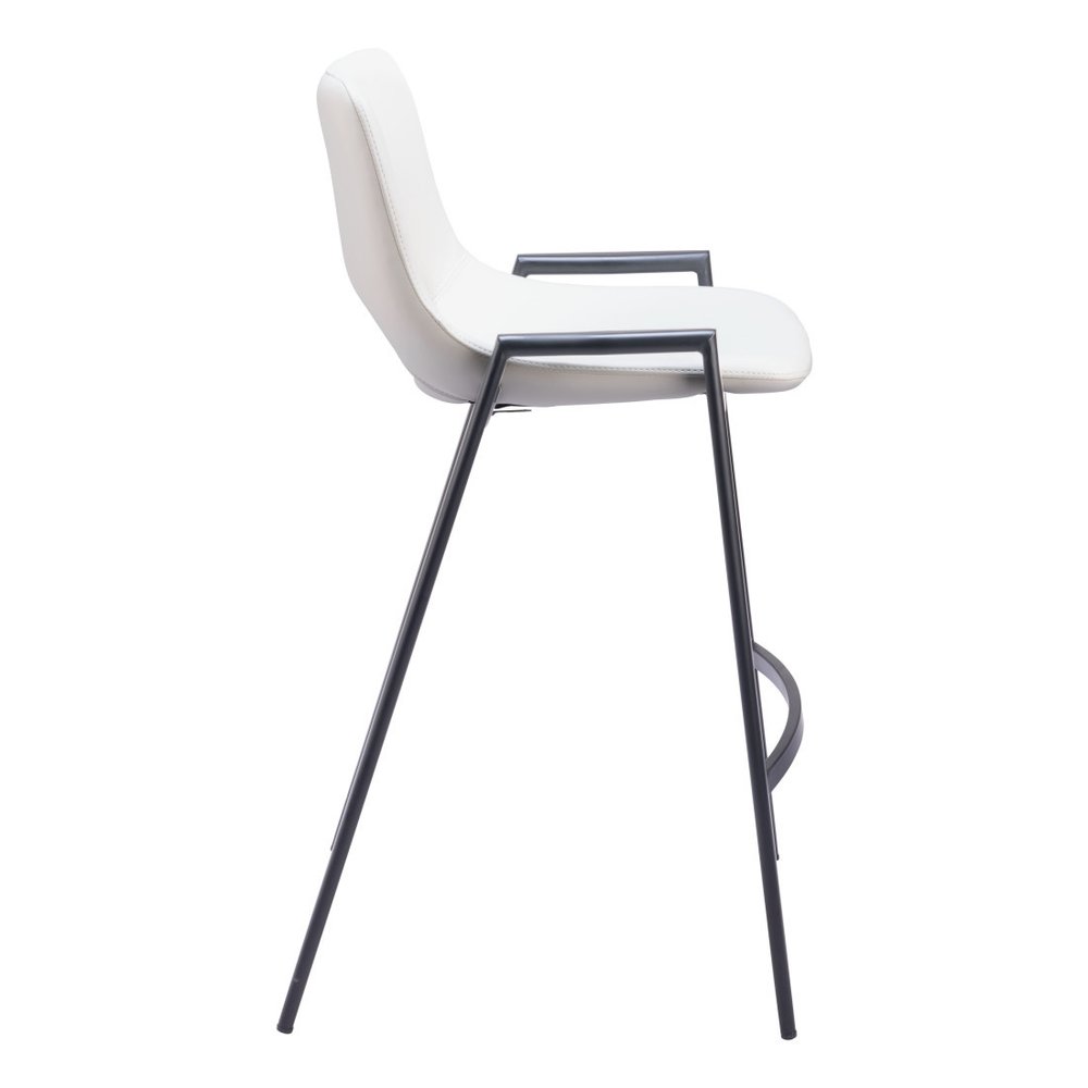 Set of Two 26" White And Black Faux Leather And Fabric And Steel Low Back Counter Height Bar Chairs