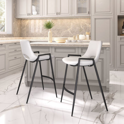 Set of Two 26" White and Black Faux Leather and Steel Low Back Counter Height Bar Chairs