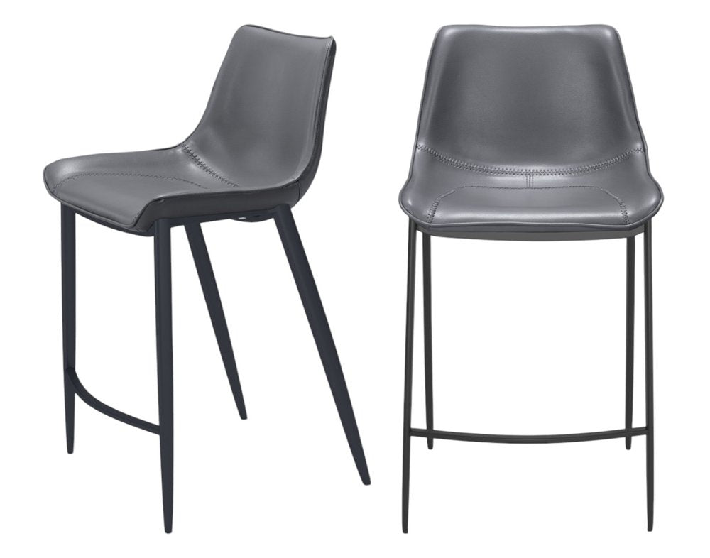 Set of Two 26" Dark Gray And Black Faux Leather And Steel Counter Height Bar Chairs