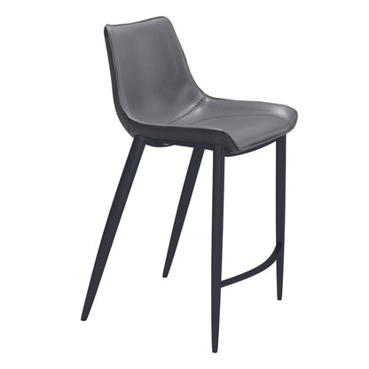 Set of Two 26" Dark Gray And Black Faux Leather And Steel Counter Height Bar Chairs