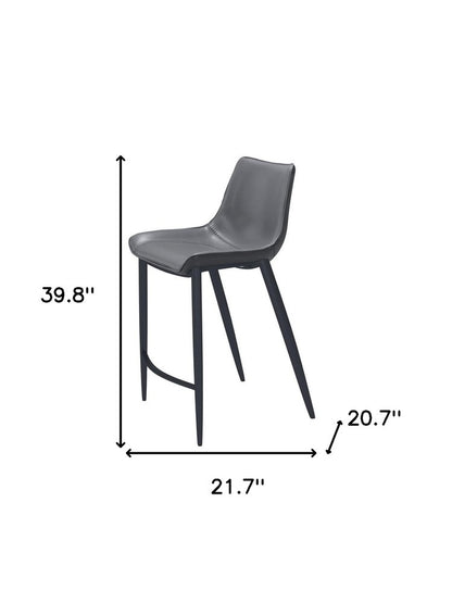 Set of Two 26" Dark Gray And Black Faux Leather And Steel Counter Height Bar Chairs