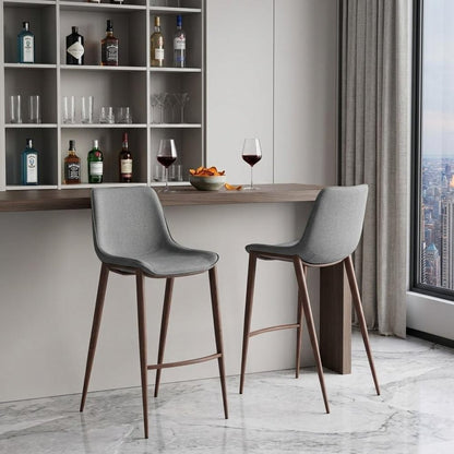 Set of Two 30" Slate Gray and Brown Faux Leather and Steel Bar Height Bar Chairs