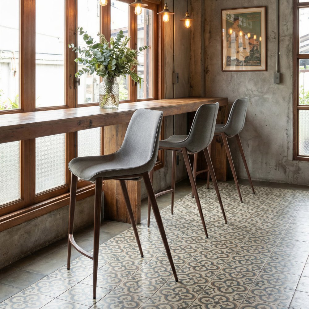 Set of Two 26" Slate Gray and Brown Faux Leather and Steel Counter Height Bar Chairs