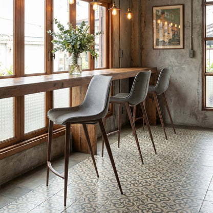 Set of Two 26" Slate Gray and Brown Faux Leather and Steel Counter Height Bar Chairs