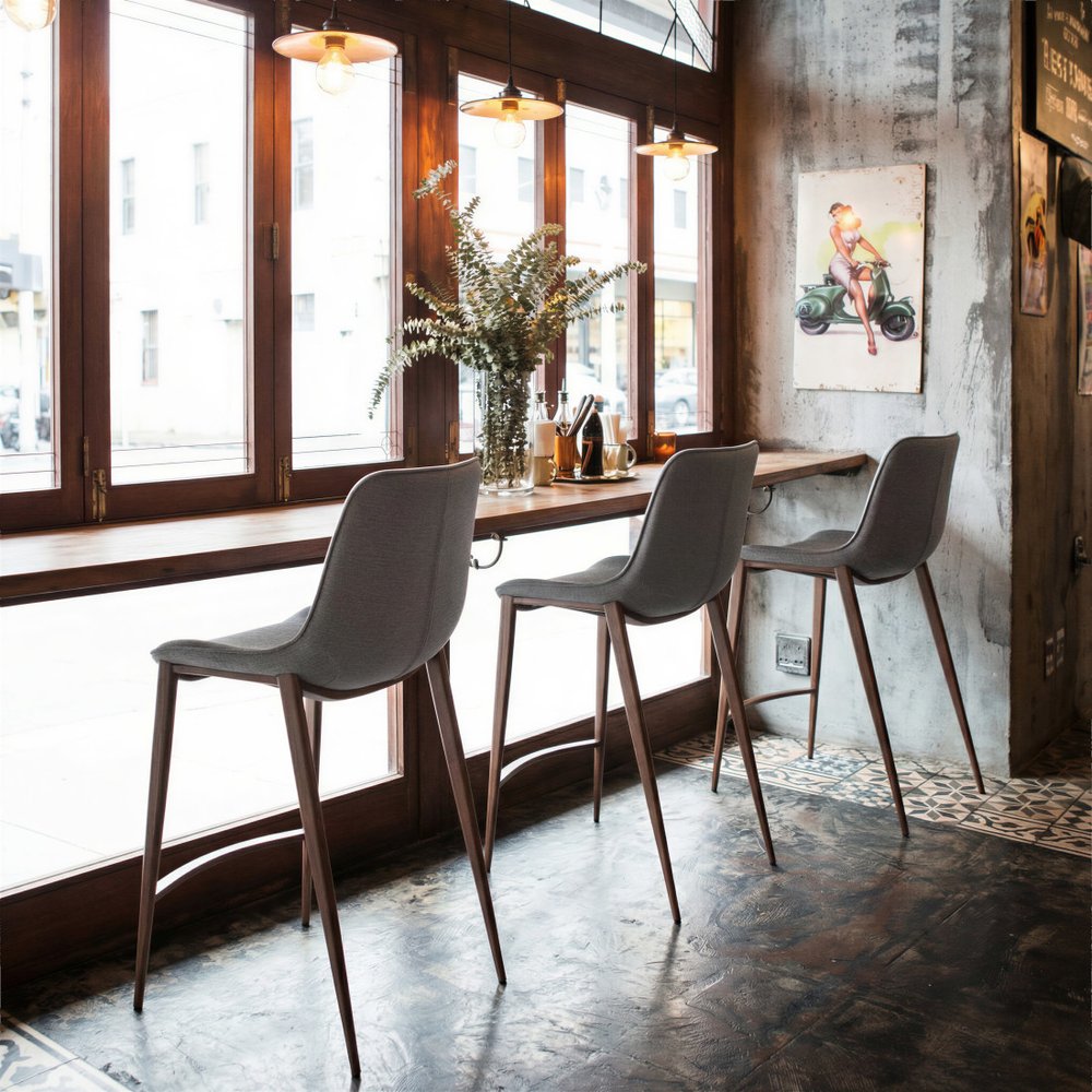 Set of Two 26" Slate Gray and Brown Faux Leather and Steel Counter Height Bar Chairs