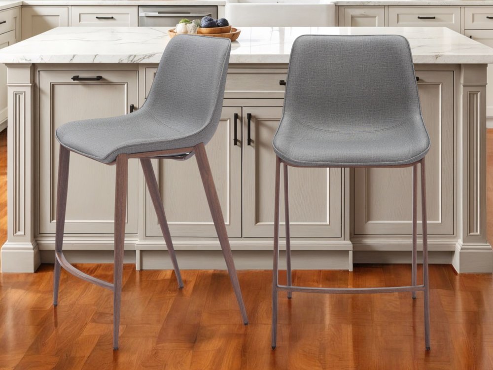Set of Two 26" Slate Gray and Brown Faux Leather and Steel Counter Height Bar Chairs