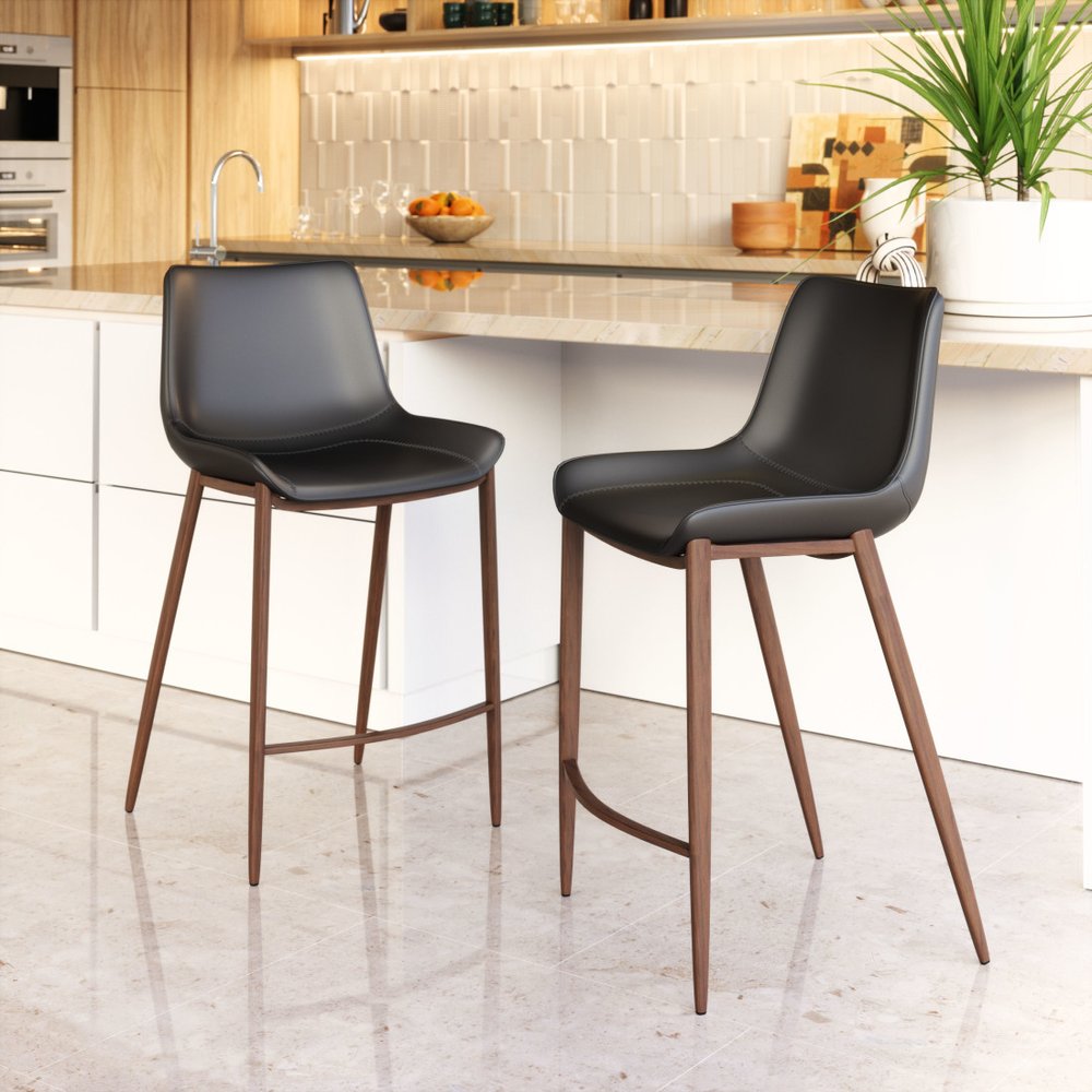 Set of Two 26" Black And Brown Faux Leather And Steel Counter Height Bar Chairs