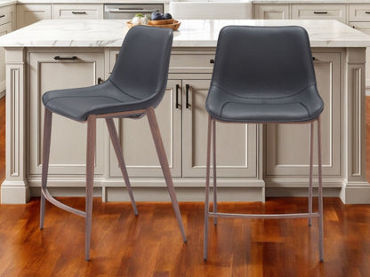 Set of Two 26" Black And Brown Faux Leather And Steel Counter Height Bar Chairs