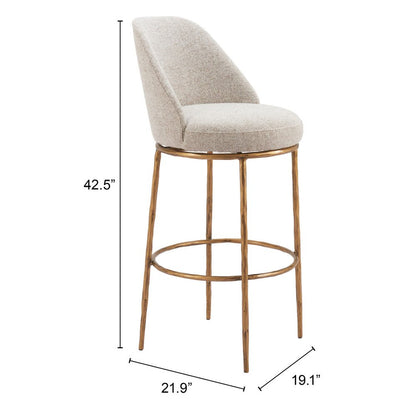 32" Beige And Gold Fabric And Steel Bar Height Swivel Bar Chair