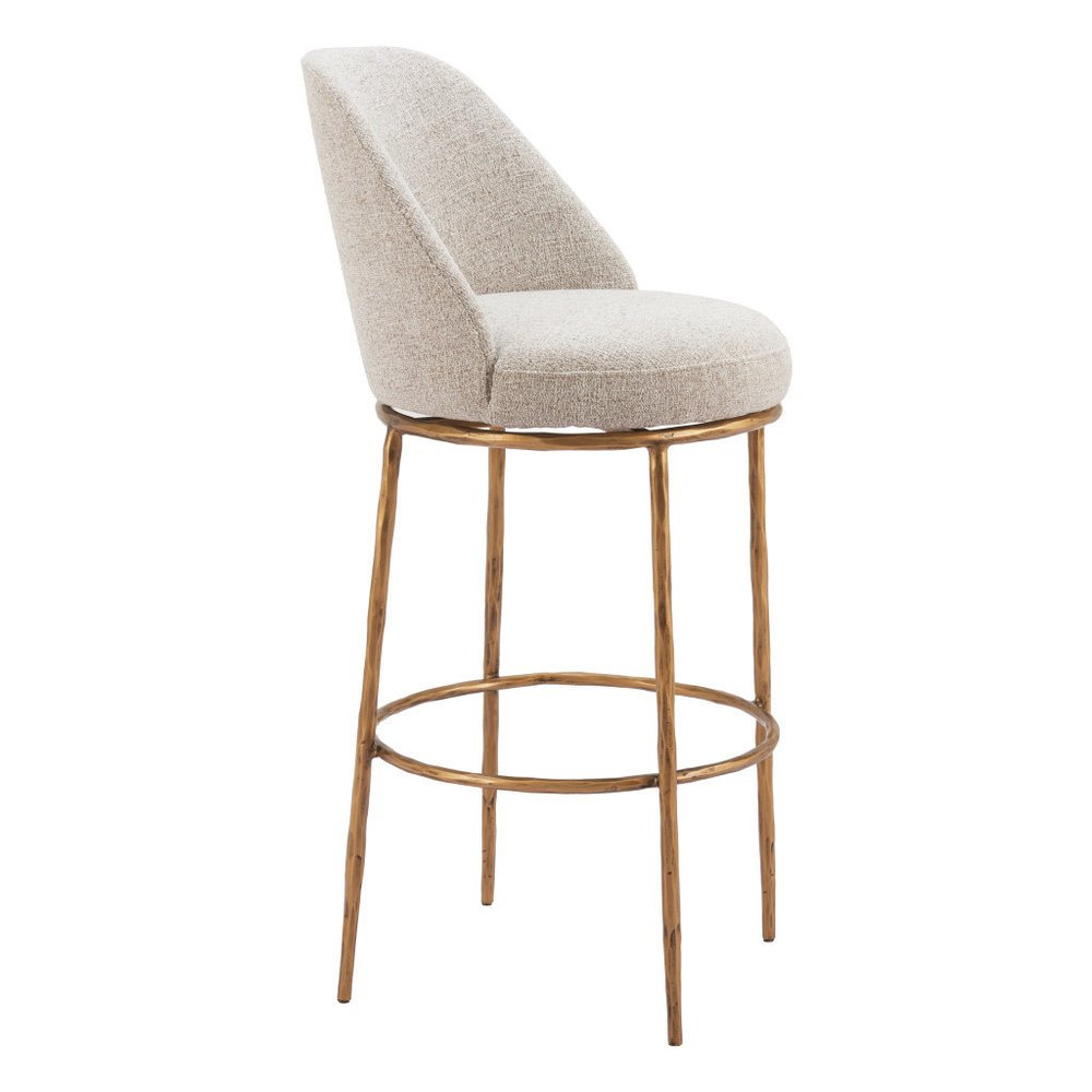 32" Beige And Gold Fabric And Steel Bar Height Swivel Bar Chair