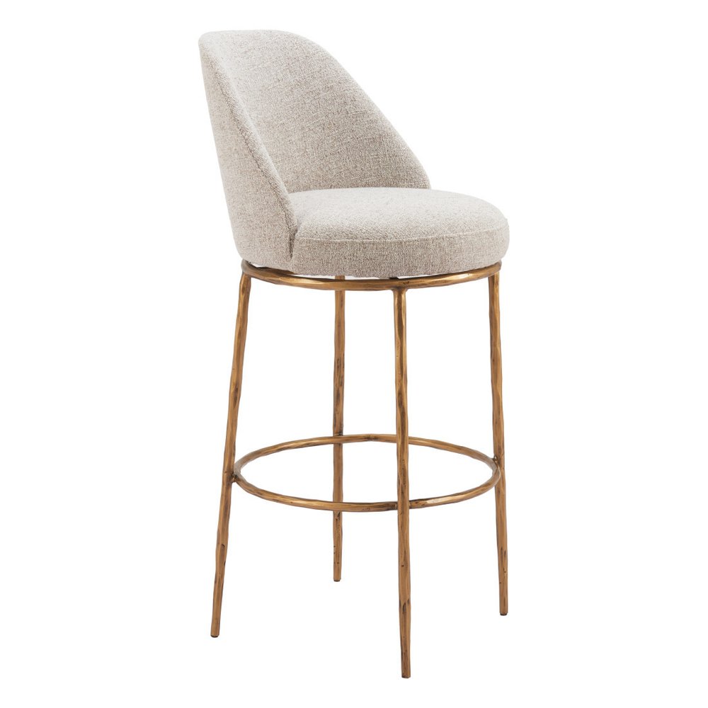 32" Beige And Gold Fabric And Steel Bar Height Swivel Bar Chair