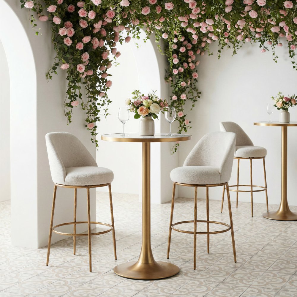 32" Beige And Gold Fabric And Steel Bar Height Swivel Bar Chair