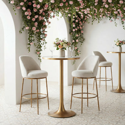 32" Beige And Gold Fabric And Steel Bar Height Swivel Bar Chair