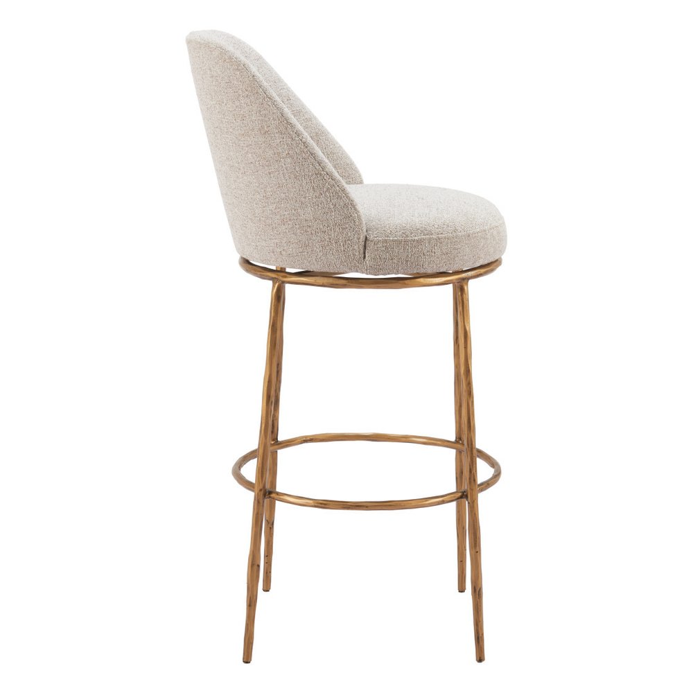 32" Beige And Gold Fabric And Steel Bar Height Swivel Bar Chair
