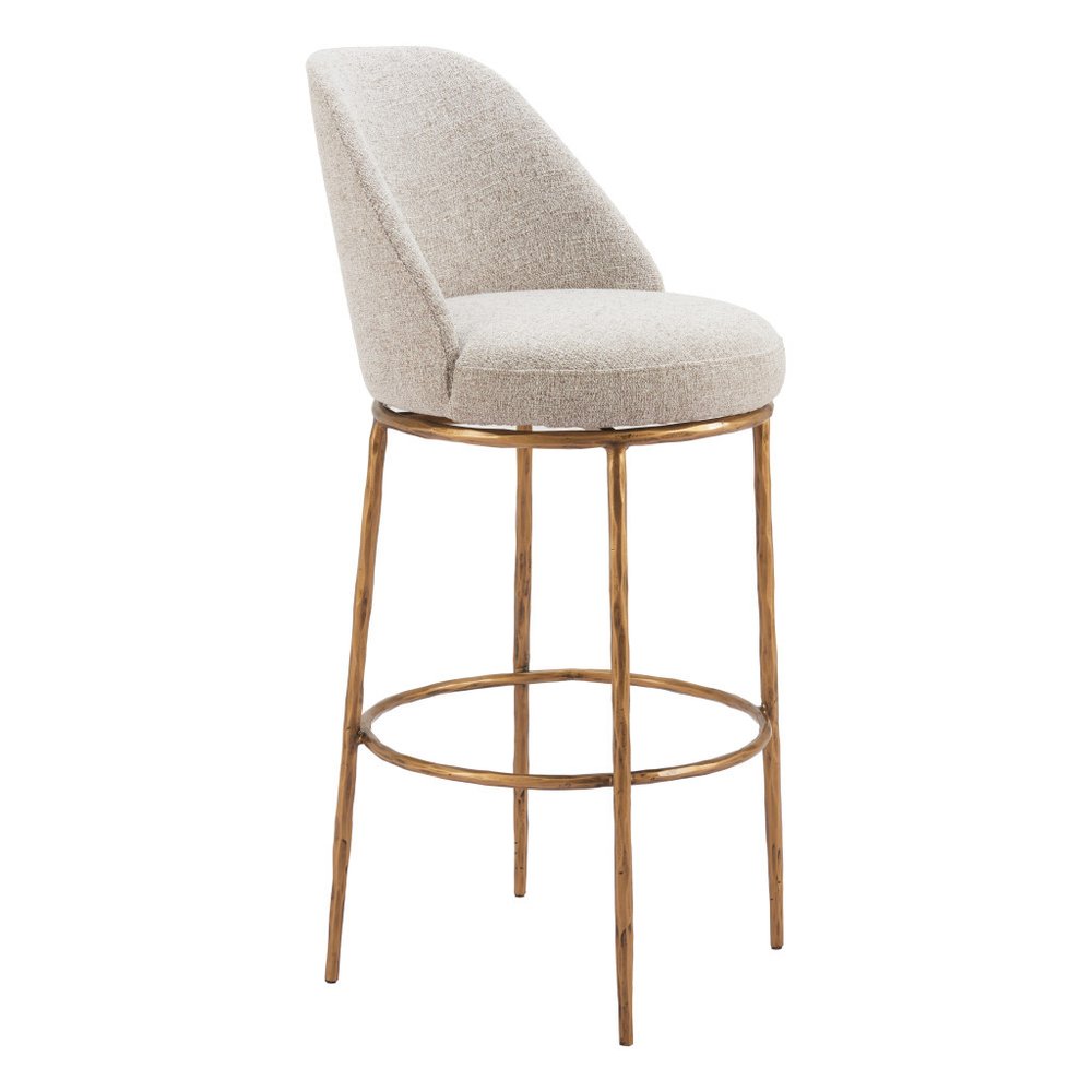 32" Beige And Gold Fabric And Steel Bar Height Swivel Bar Chair
