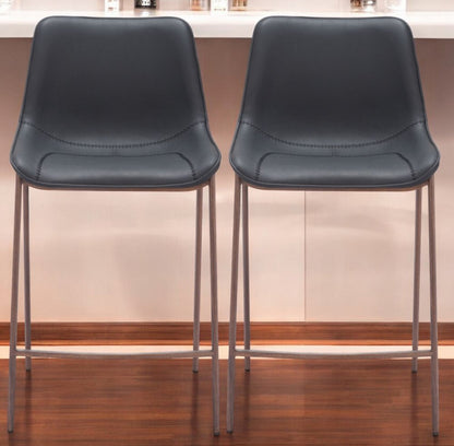 Set of Two 30" Black And Brown Faux Leather And Steel Bar Height Bar Chairs