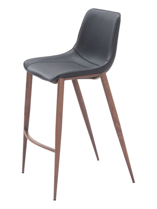 Set of Two 30" Black And Brown Faux Leather And Steel Bar Height Bar Chairs