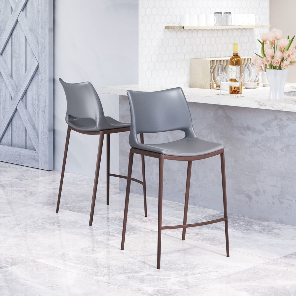 Set of Two 25" Dark Gray and Brown Faux Leather and Steel Low Back Counter Height Bar Chairs
