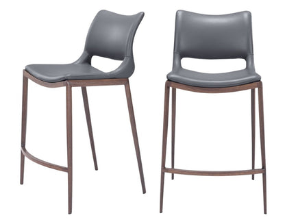 Set of Two 25" Dark Gray and Brown Faux Leather and Steel Low Back Counter Height Bar Chairs