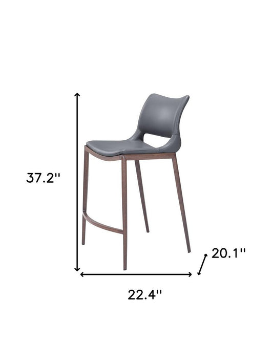 Set of Two 25" Dark Gray and Brown Faux Leather and Steel Low Back Counter Height Bar Chairs
