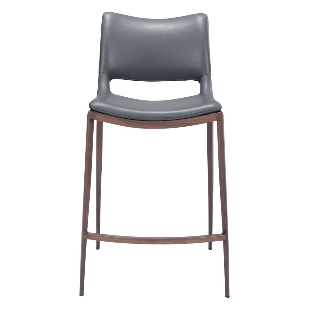 Set of Two 25" Dark Gray and Brown Faux Leather and Steel Low Back Counter Height Bar Chairs