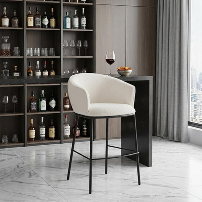 30" Ivory And Black Shearling And Steel Bar Height Bar Chair