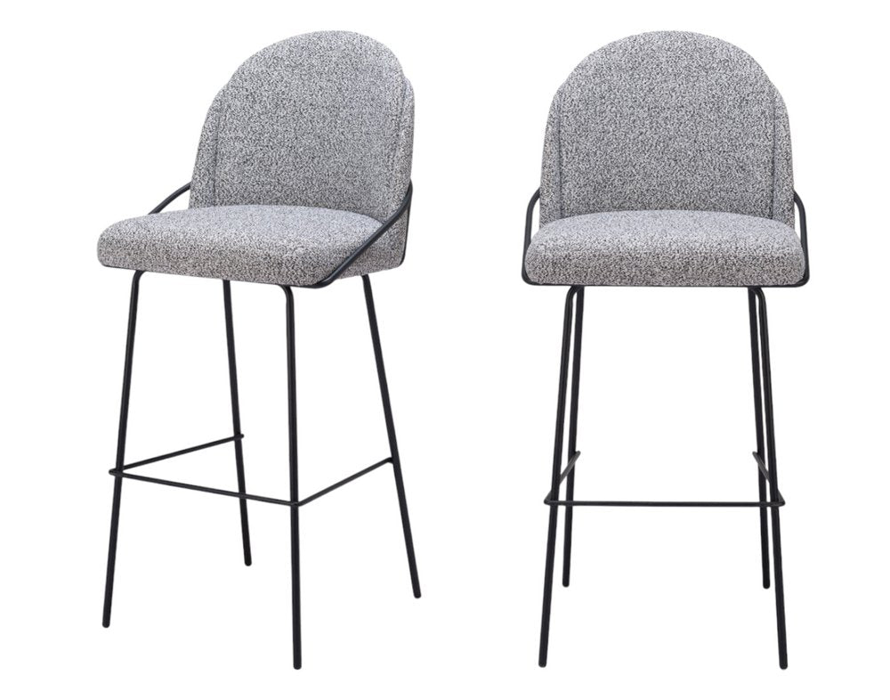 Set of Two 30" Light Gray And Black Shearling And Steel Bar Height Bar Chairs