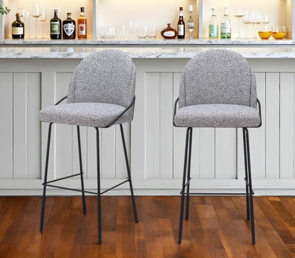 Set of Two 30" Light Gray And Black Shearling And Steel Bar Height Bar Chairs