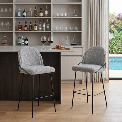 Set of Two 30" Light Gray And Black Shearling And Steel Bar Height Bar Chairs
