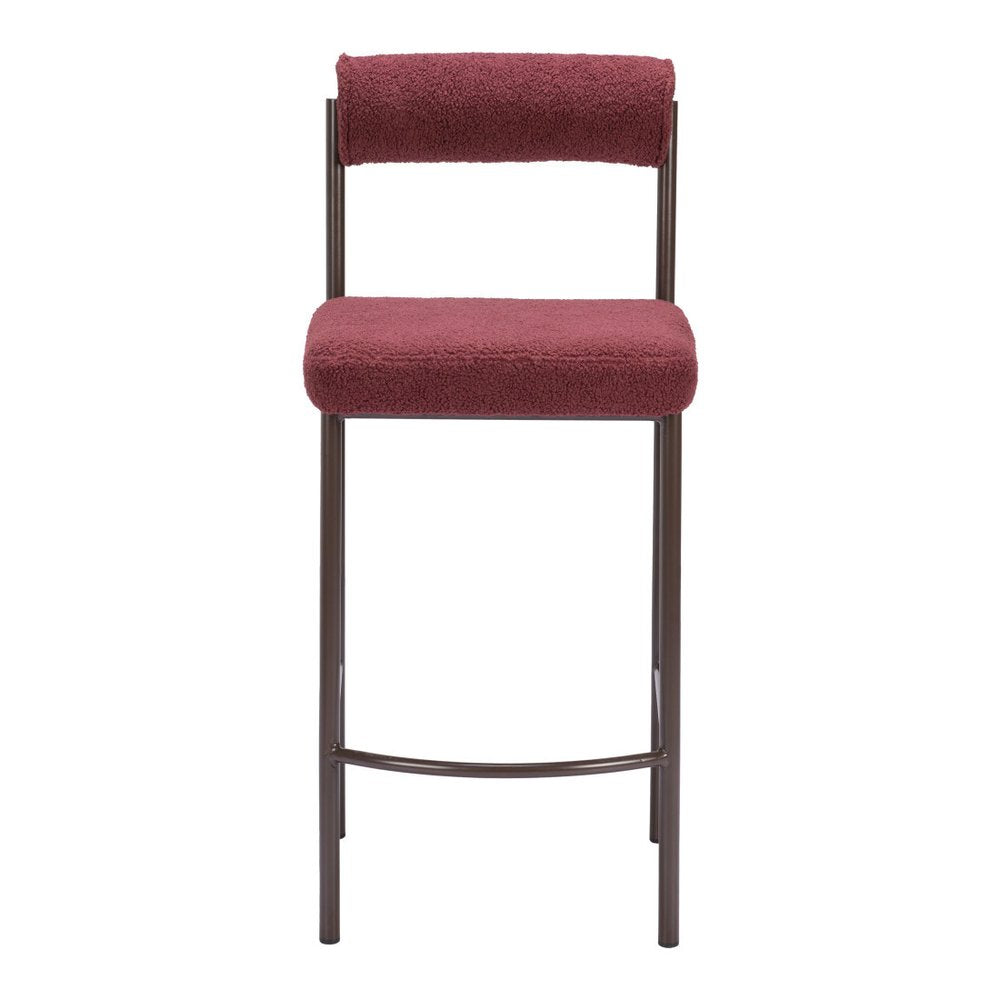 Set of Two 26" Red and Bronze Shearling and Steel Low Back Counter Height Bar Chairs