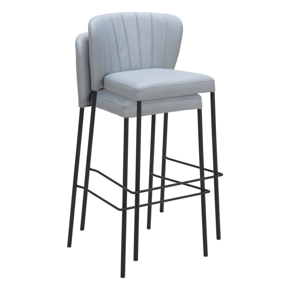 Set of Two 29" Gray And Black Faux Leather And Steel Bar Height Bar Chairs