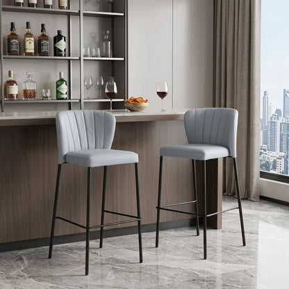 Set of Two 29" Gray And Black Faux Leather And Steel Bar Height Bar Chairs