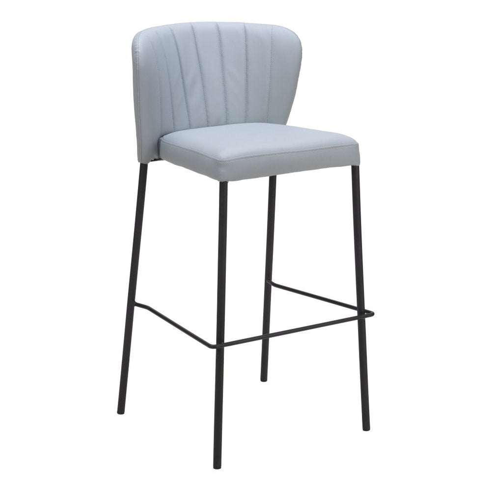 Set of Two 29" Gray And Black Faux Leather And Steel Bar Height Bar Chairs