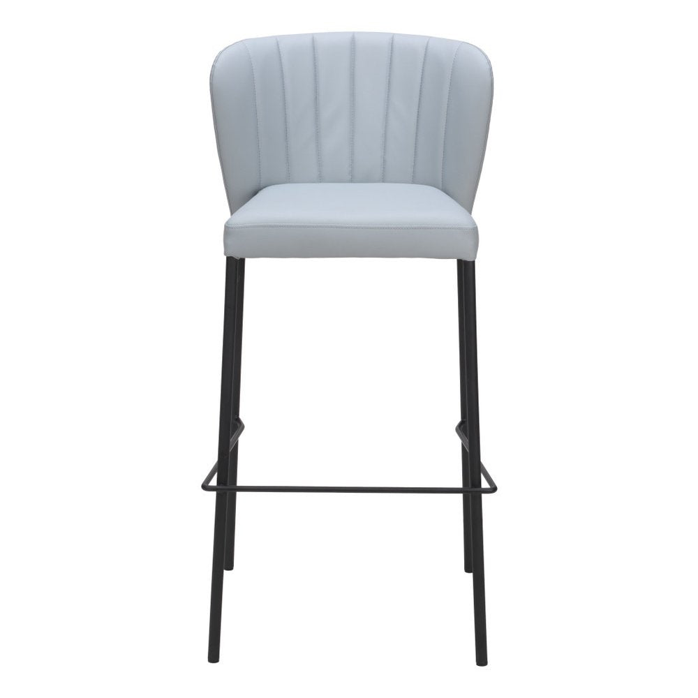 Set of Two 29" Gray And Black Faux Leather And Steel Bar Height Bar Chairs