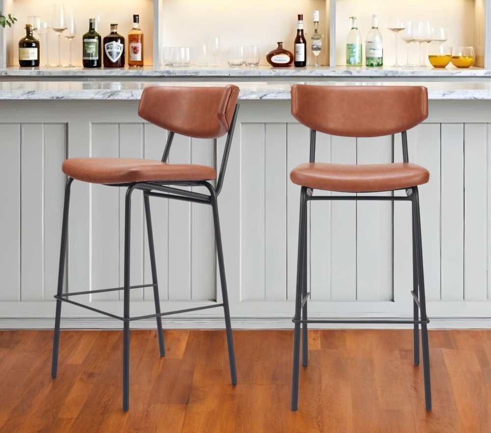 Set of Two 26" Brown And Black Faux Leather And Steel Counter Height Bar Chairs