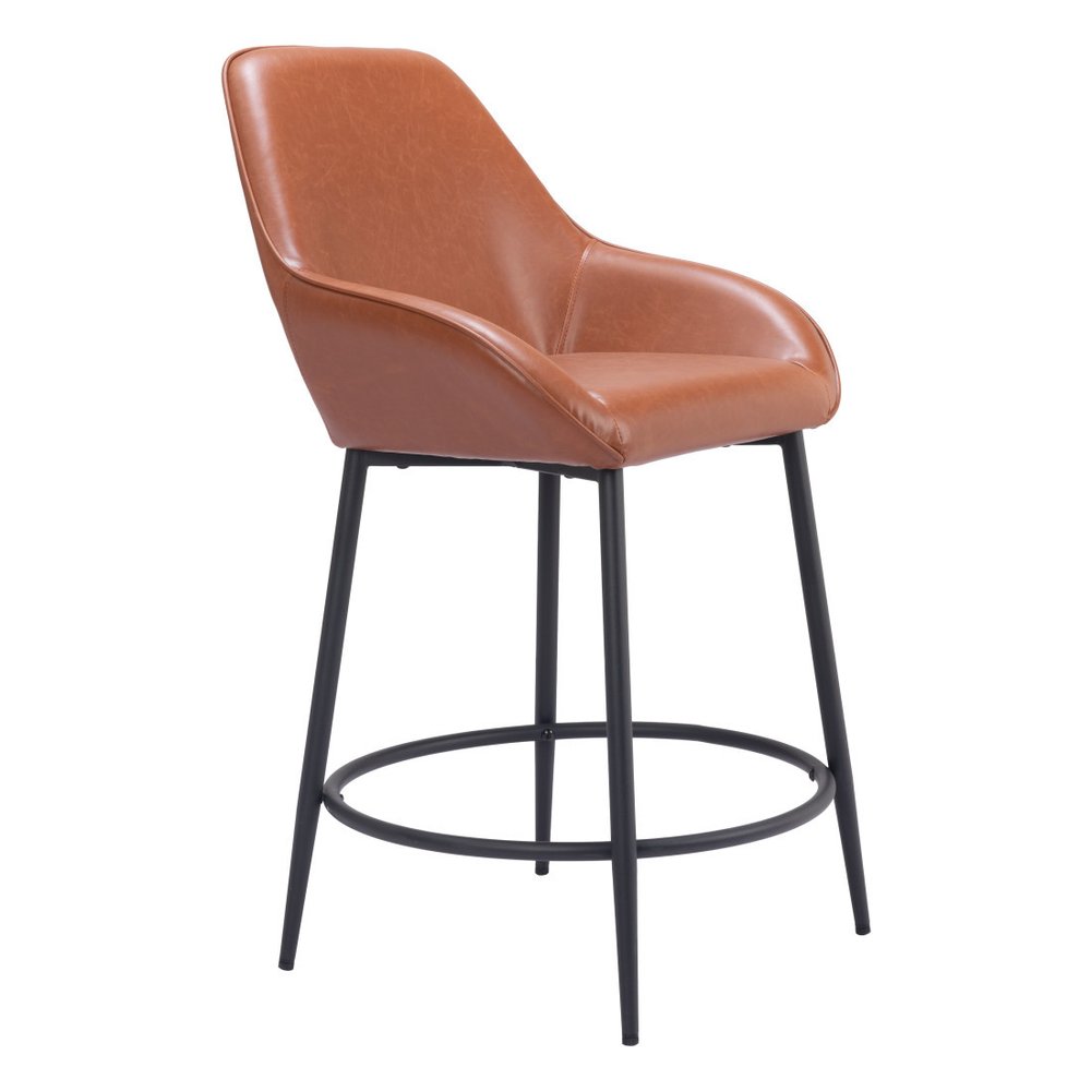 Set of Two 25" Brown And Black Faux Leather And Steel Counter Height Bar Chairs