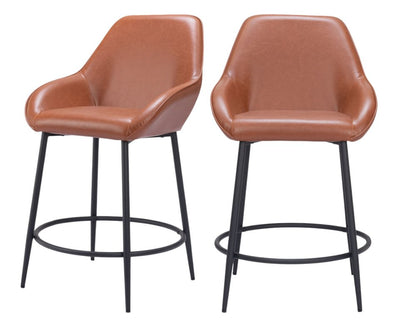 Set of Two 25" Brown And Black Faux Leather And Steel Counter Height Bar Chairs