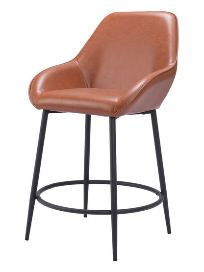 Set of Two 25" Brown And Black Faux Leather And Steel Counter Height Bar Chairs