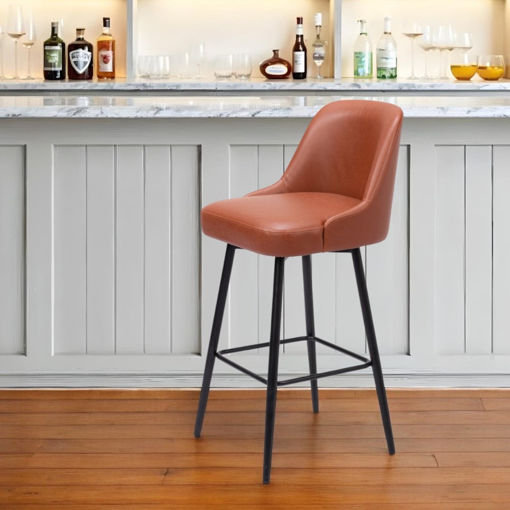 30" Brown And Black Faux Leather And Steel Bar Height Swivel Bar Chair