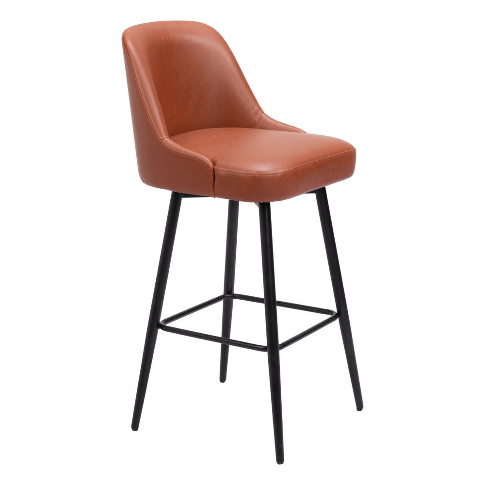 30" Brown And Black Faux Leather And Steel Bar Height Swivel Bar Chair