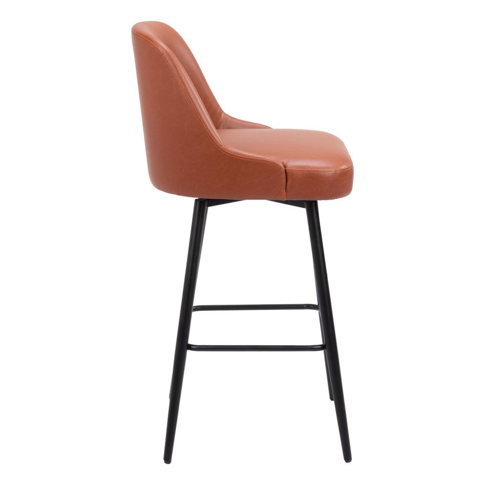 30" Brown And Black Faux Leather And Steel Bar Height Swivel Bar Chair