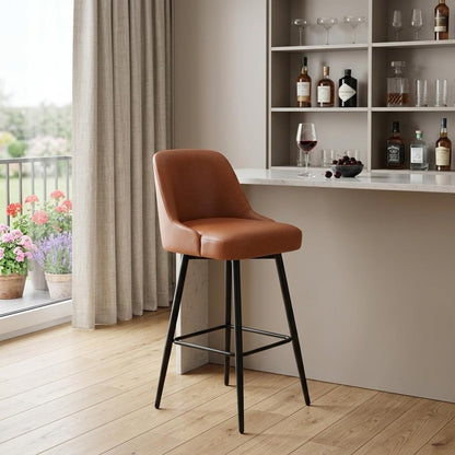 30" Brown And Black Faux Leather And Steel Bar Height Swivel Bar Chair