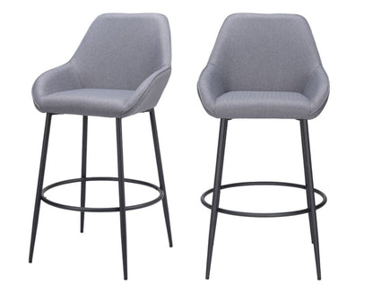 Set of Two 30" Gray And Black Fabric And Steel Bar Height Bar Chairs