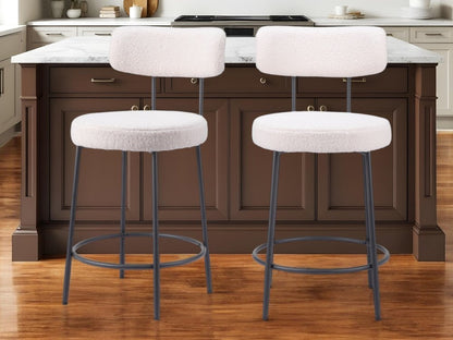 Set of Two 25" Ivory and Black Shearling and Steel Low Back Counter Height Bar Chairs