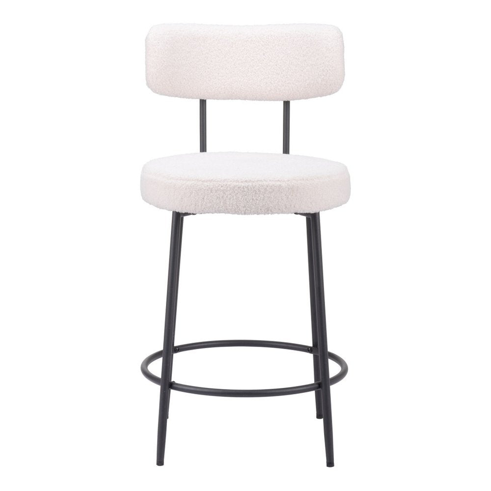 Set of Two 25" Ivory and Black Shearling and Steel Low Back Counter Height Bar Chairs