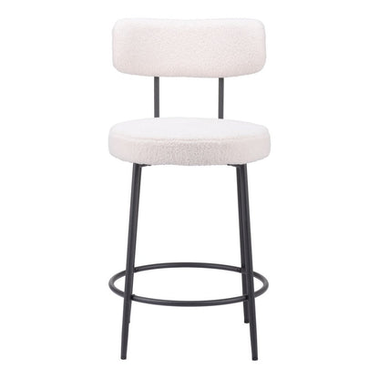 Set of Two 25" Ivory and Black Shearling and Steel Low Back Counter Height Bar Chairs