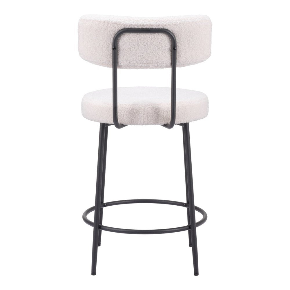Set of Two 25" Ivory and Black Shearling and Steel Low Back Counter Height Bar Chairs