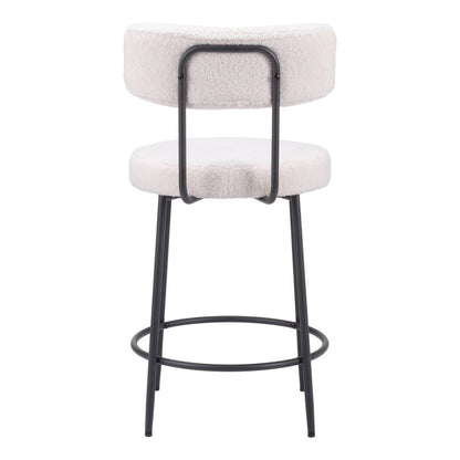 Set of Two 25" Ivory and Black Shearling and Steel Low Back Counter Height Bar Chairs
