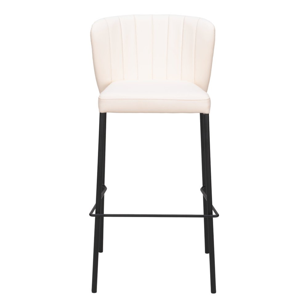 Set of Two 29" Cream And Black Faux Leather And Steel Bar Height Bar Chairs